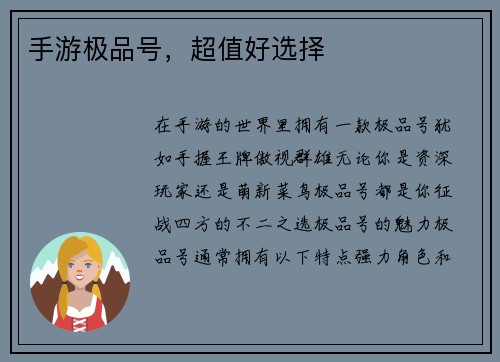 手游极品号，超值好选择