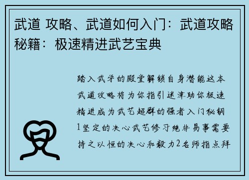 武道 攻略、武道如何入门：武道攻略秘籍：极速精进武艺宝典