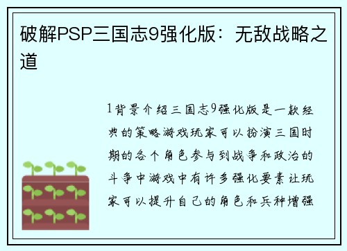 破解PSP三国志9强化版：无敌战略之道