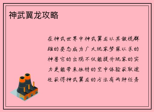 神武翼龙攻略