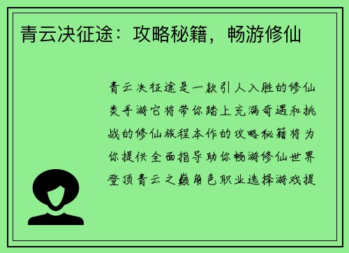 青云决征途：攻略秘籍，畅游修仙